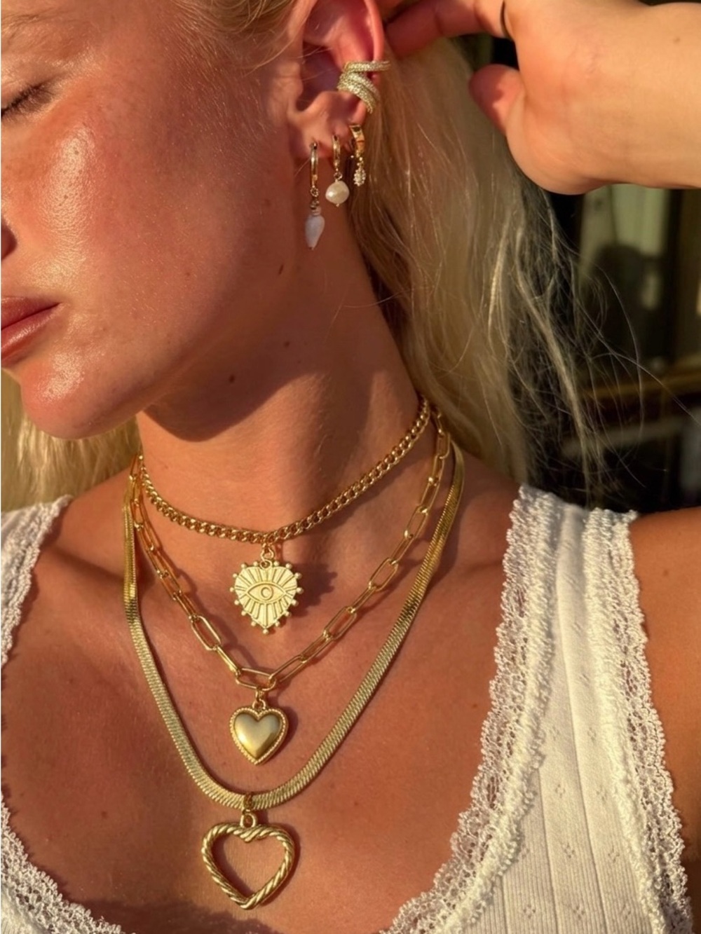 Stainless Steel Gold Layered Heart & Charm Necklace Set